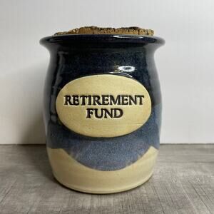 Vintage Stoneware Blue Glaze Art Pottery Retirement Fund Crock Jar Cork Lid